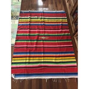 OLD ANTIQUE VINTAGE VIBRANT MEXICAN HAND WOVEN SERAPE BLANKET TEXTILE 6’10”X5’2”